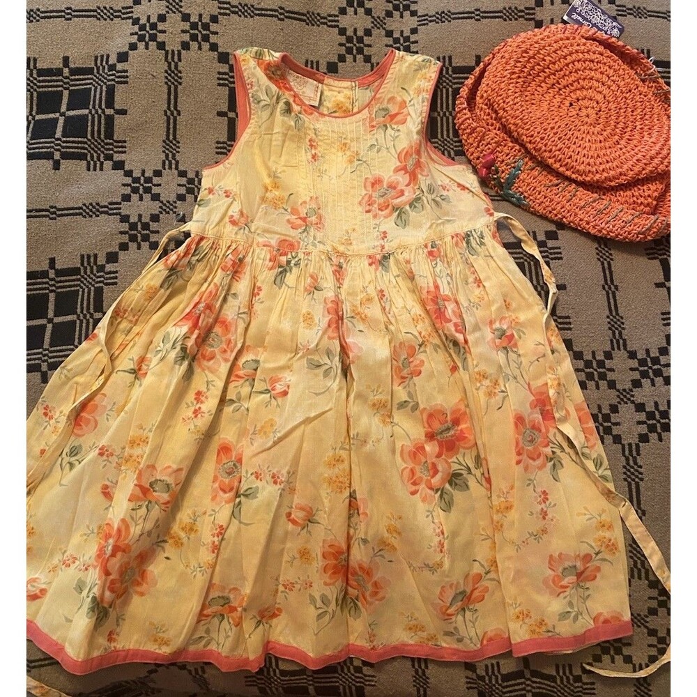 NWT Vintage April Cornell Floral Dress Button/Tie Back Girls 2 with hat